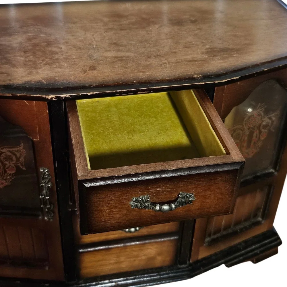 Vintage MCM Wooden Jewelry Armoire Etched Glass Doors & 4 Drawers Dresser 10.5